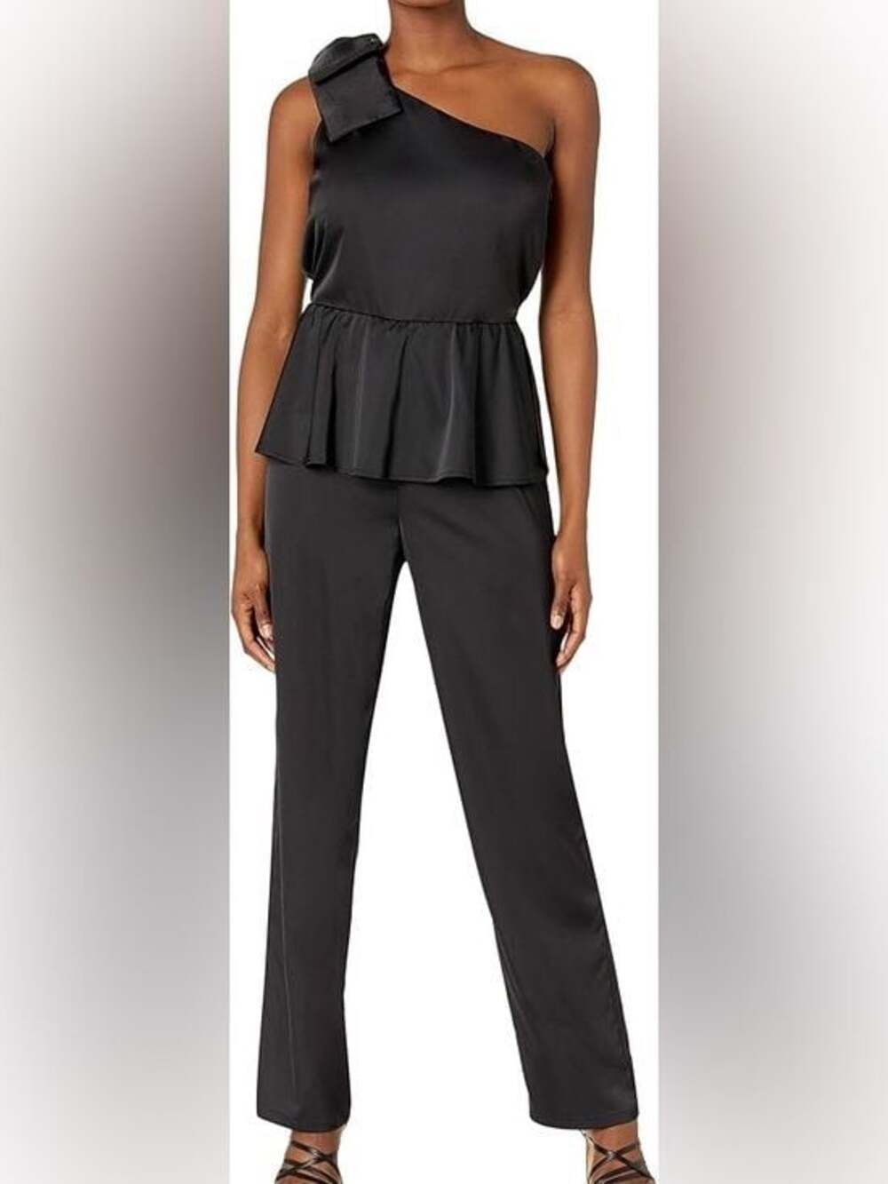 One-Shoulder Black Satin Pantsuit with Peplum